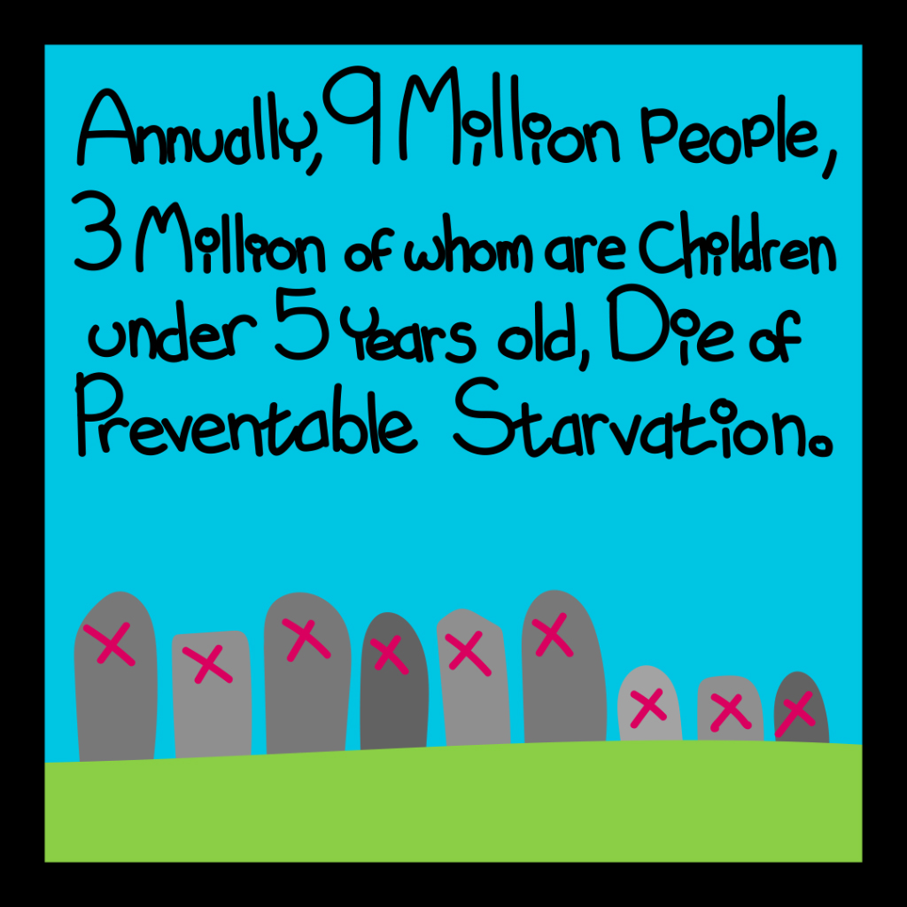 Annually, 9 million people, 3 million of whom are children under 5 years old, die of preventable starvation.
