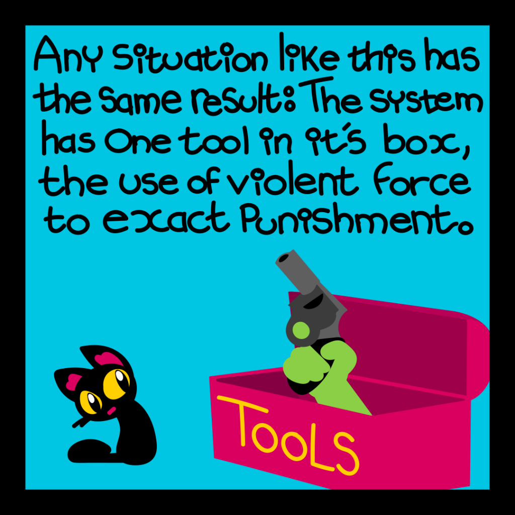 Any situation like this has the same result: the system has one tool in its box, the use of violent force to exact punishment.